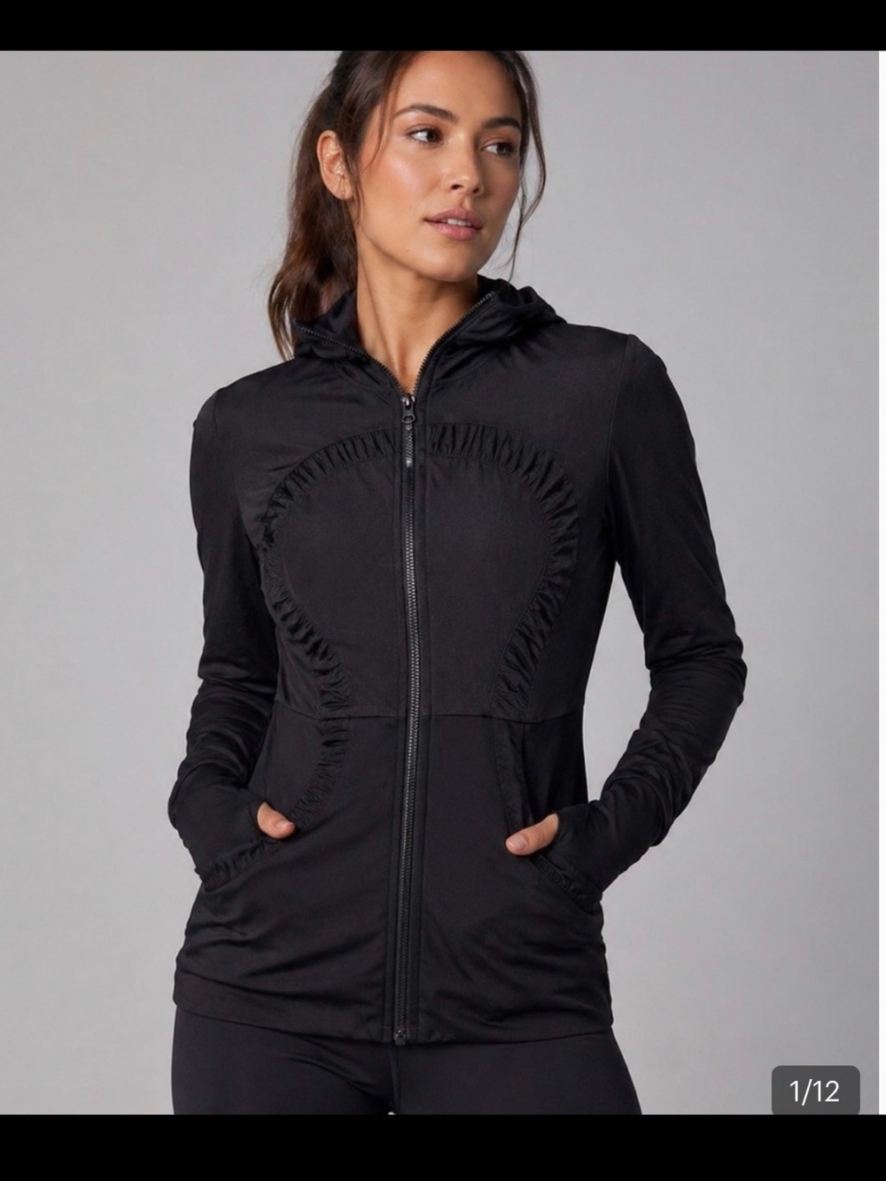 Black Zip-Up Hooded Jacket Define Studio with Ruching Detail